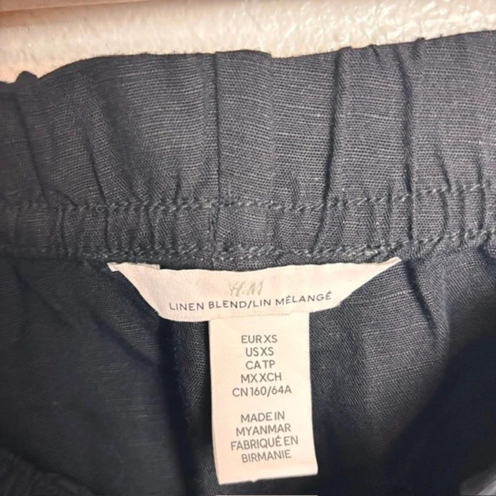 H&M Womens XS Black Linen Blend Pull On Pants Drawstring Relaxed Minimalist